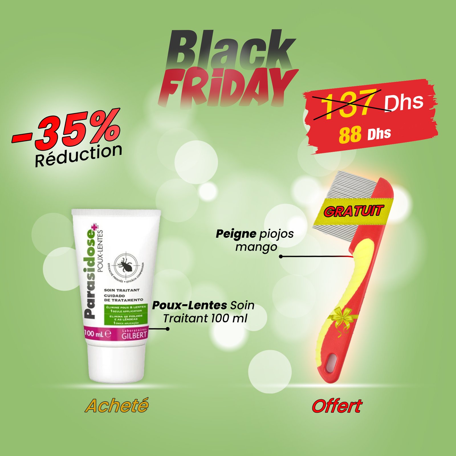 Parasidose Poux-Lentes Soin Traitant 100 ml + Peine piojos mango Terminator offert !